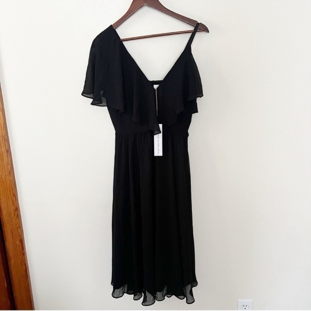 Dress The Population Claudia Black Midi Dress Ruffle V-neck Flowy Size Small NEW